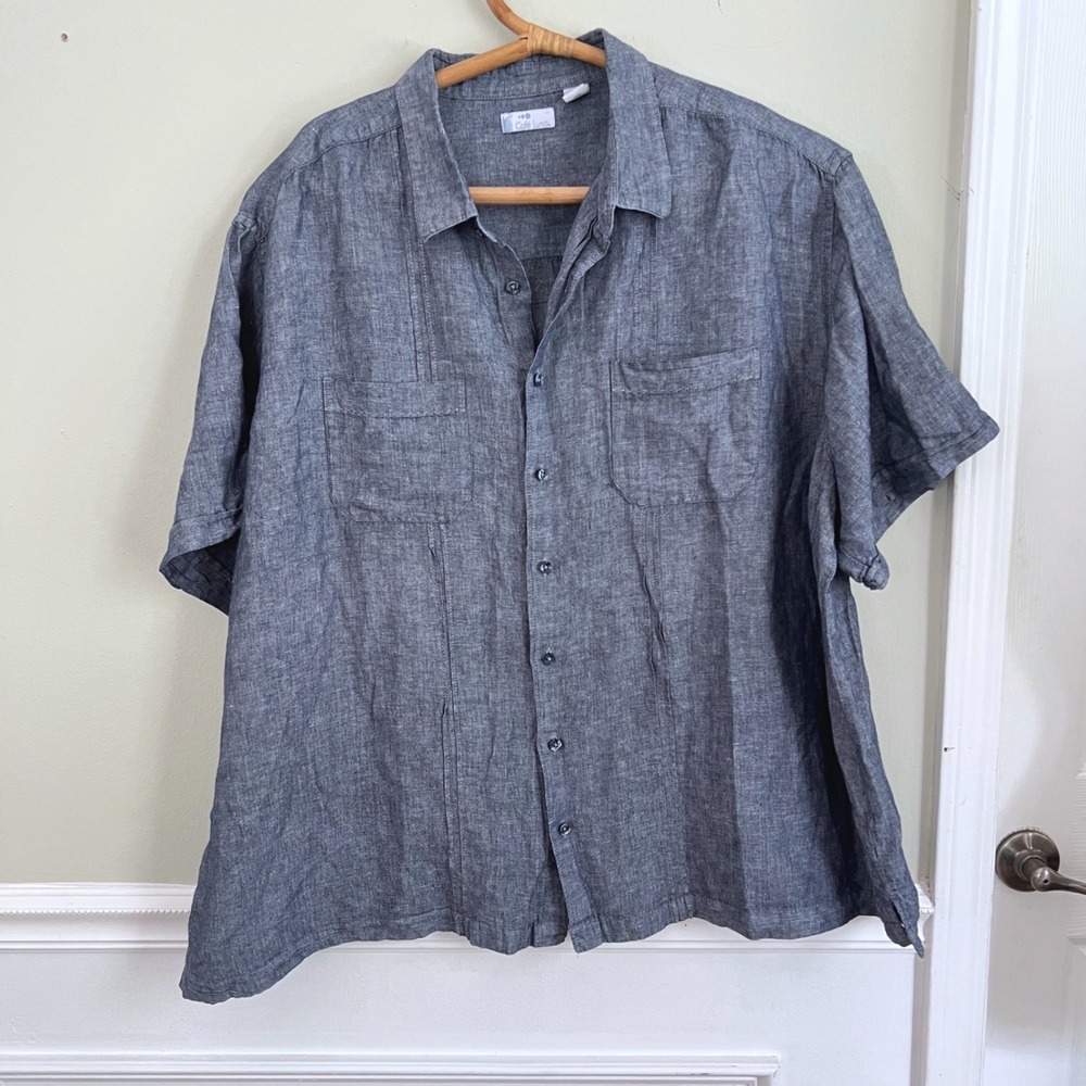 Cafe Luna Button Up Shirt Mens 3XL Linen Cotton Short Sleeve Blue Guayabera Camp